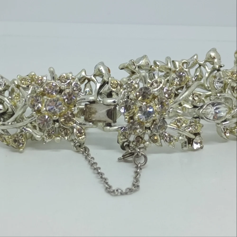 * vintage signed Coro wide clear rhinestones flowers bracelet